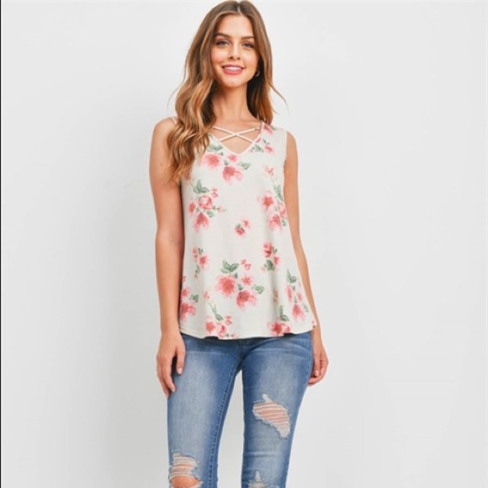 New Junior's Boutique cute cream floral criss cross cage top